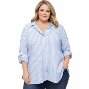 Max Studio Light Blue, White And Grey Striped Blouse Size 2x